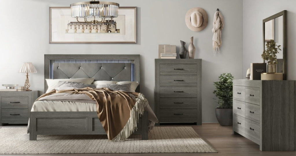 Gray bedroom set with bed, dresser, and mirror in a well-decorated room. By my place furnishing local to Mission texas, McAllen Texas, Weslaco Texas & entire RGV serving the same furniture at cheaper prices than local competitors.