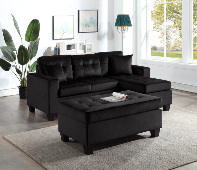 Naomi Black Velvet Sectional & Ottoman Set
